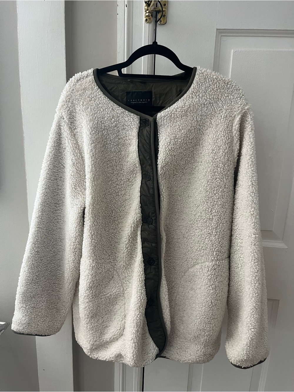 Sanctuary Oversized Cream Sherpa Jacket with Olive Trim